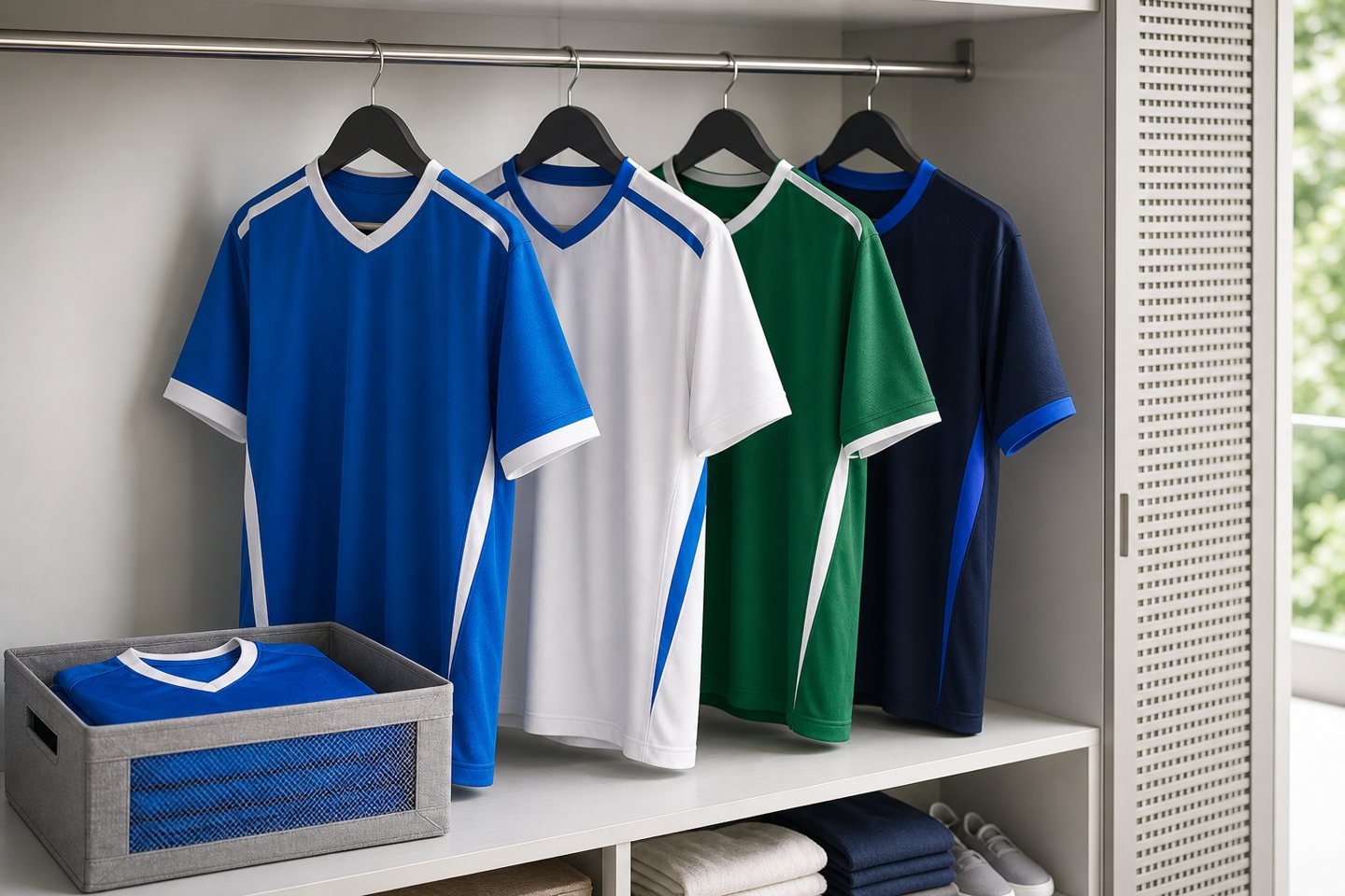Clean football jerseys stored on suitable hangers after washing.