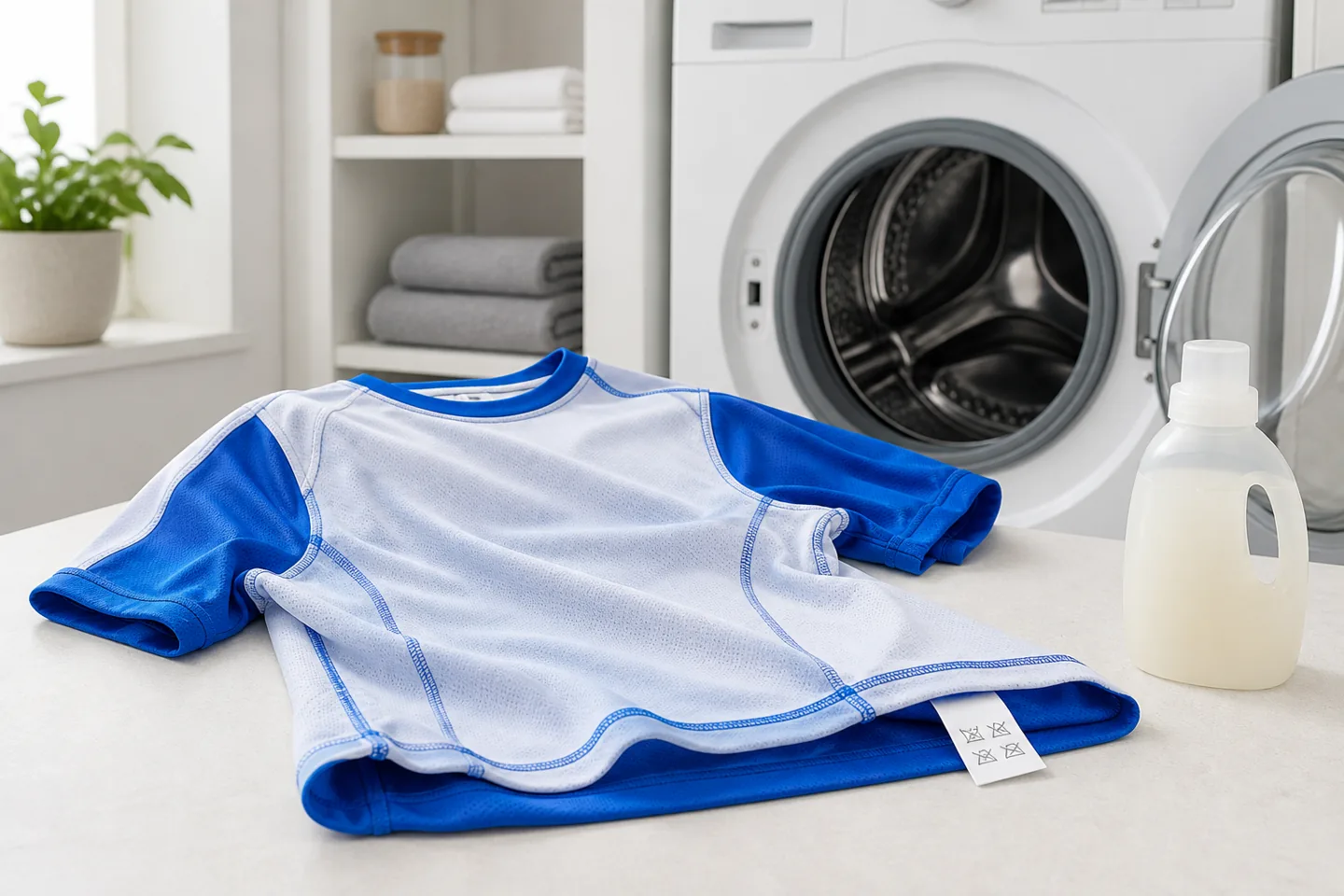 Football jersey prepared for washing beside a washing machine and mild detergent.