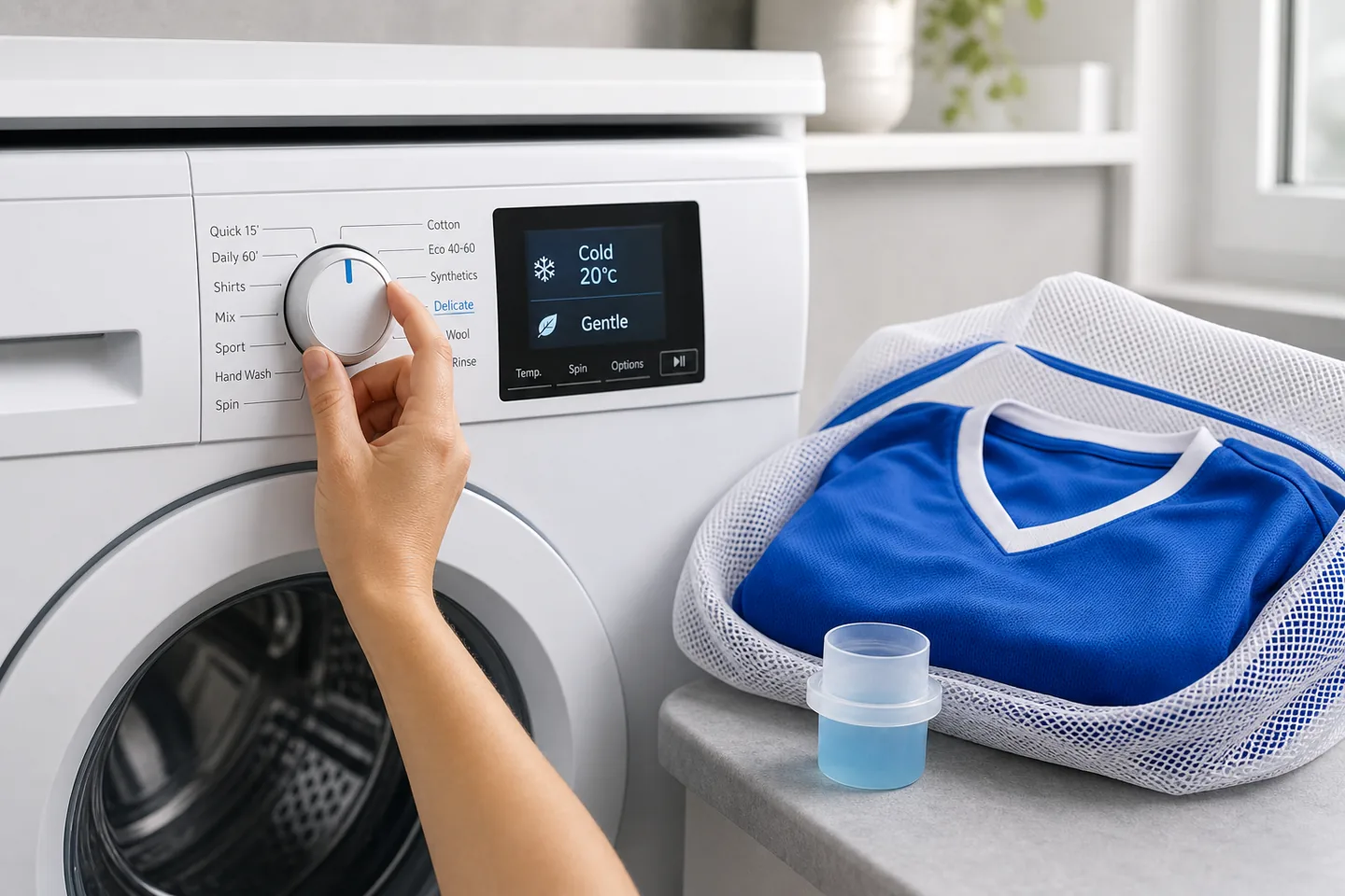Cold gentle washing-machine setting for a football jersey.