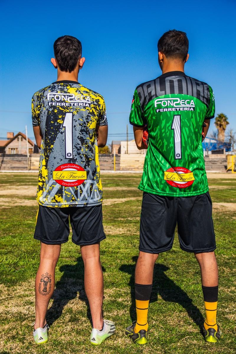 Football players showing patterned jerseys from the back