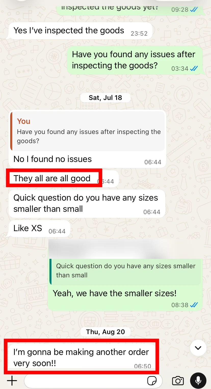 United Kingdom customer conversation confirming that the goods were good and stating an intention to order again